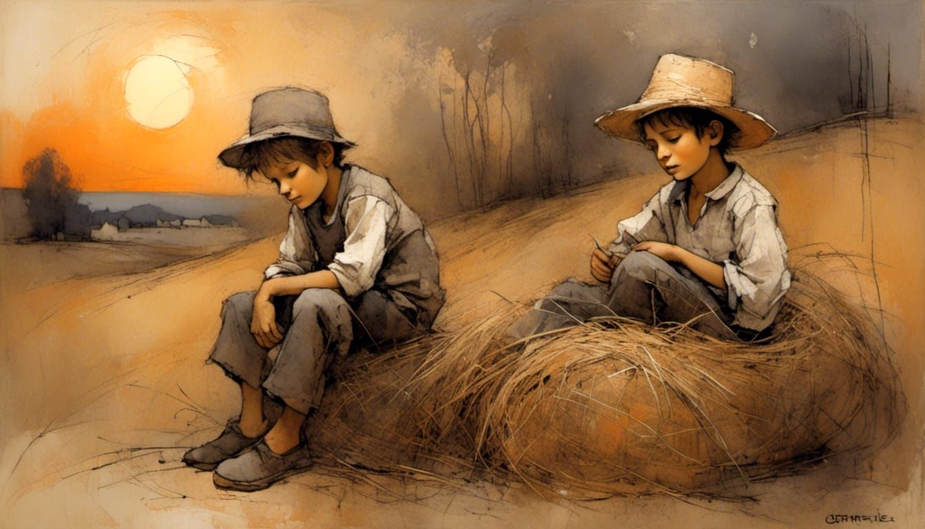 Boy in Straw Hat at Sunset