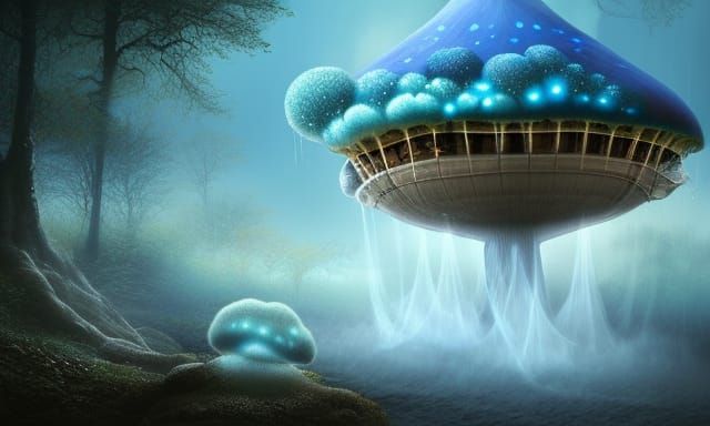 Misty Wonderland: Toadstool Airship Amidst Alien Glyphs