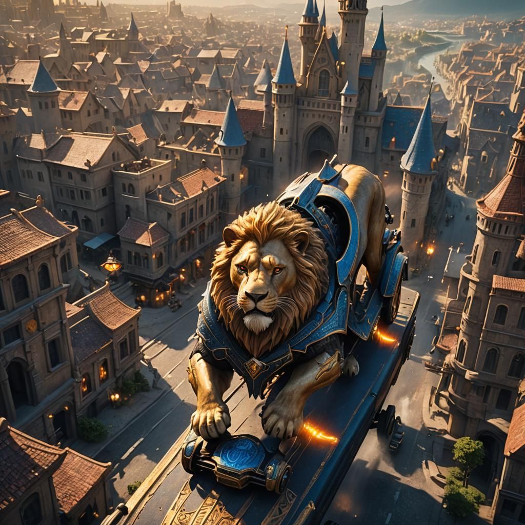 Lion Car Through Fantasy City: Detailed Matte Painting