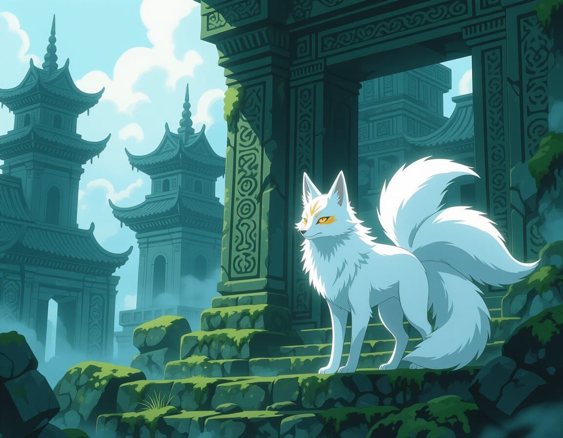 Ethereal 9-Tailed Kitsune in Ancient Ruins, Matte Painting S...