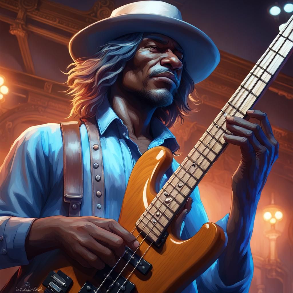 Bluesman's Hands on Electric Bass Guitar