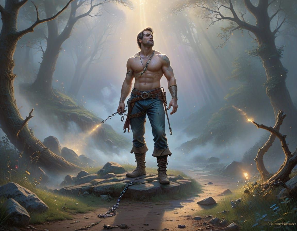 Man Freed from Shackles in Ethereal Mist