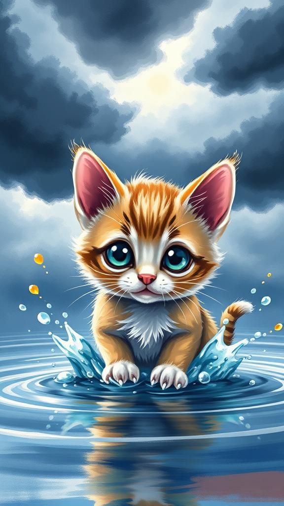 Kitten Splashing: Fauvist Digital Illustration