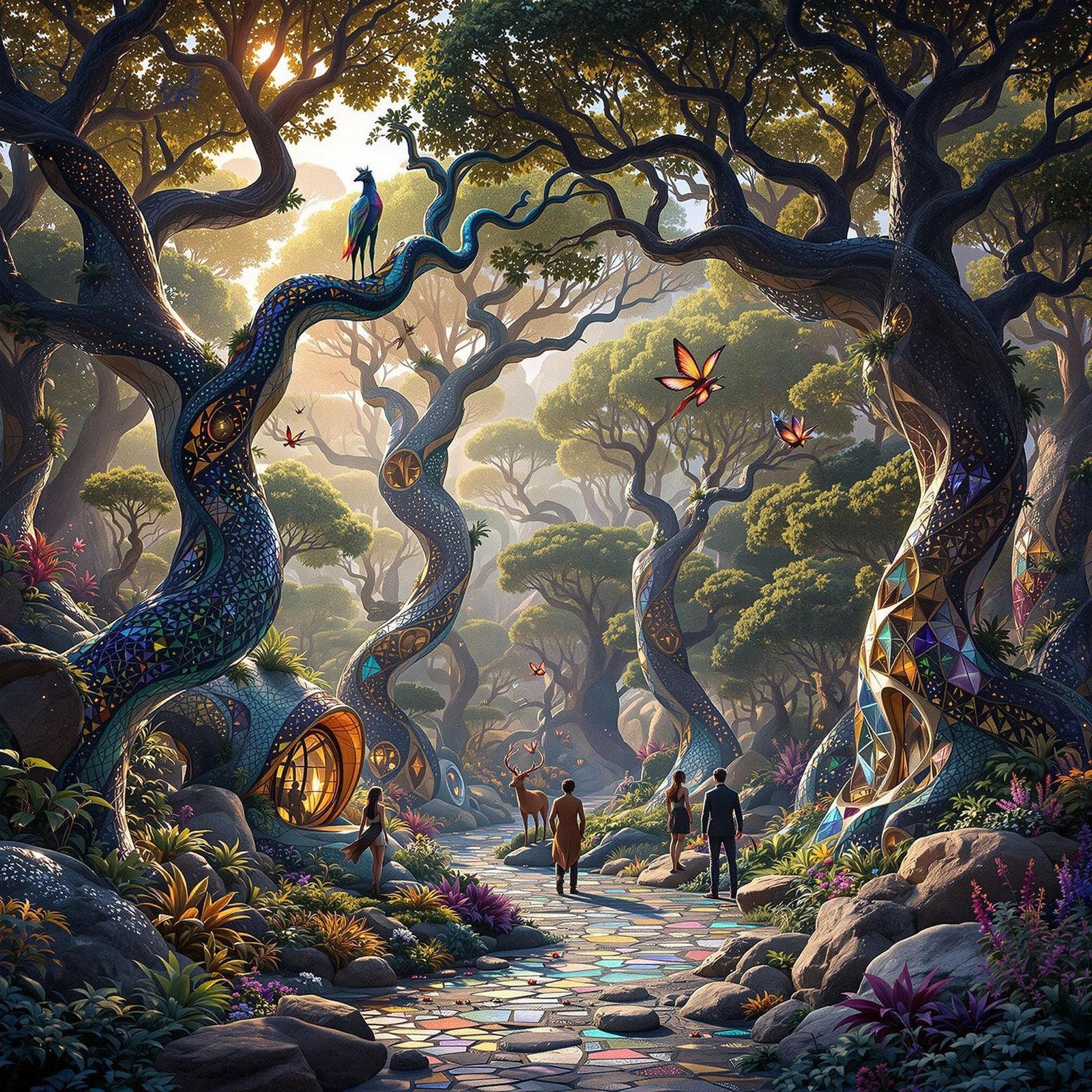Enchanting Mosaic Forest Inspired by Gaudí, Thorp, and Mead