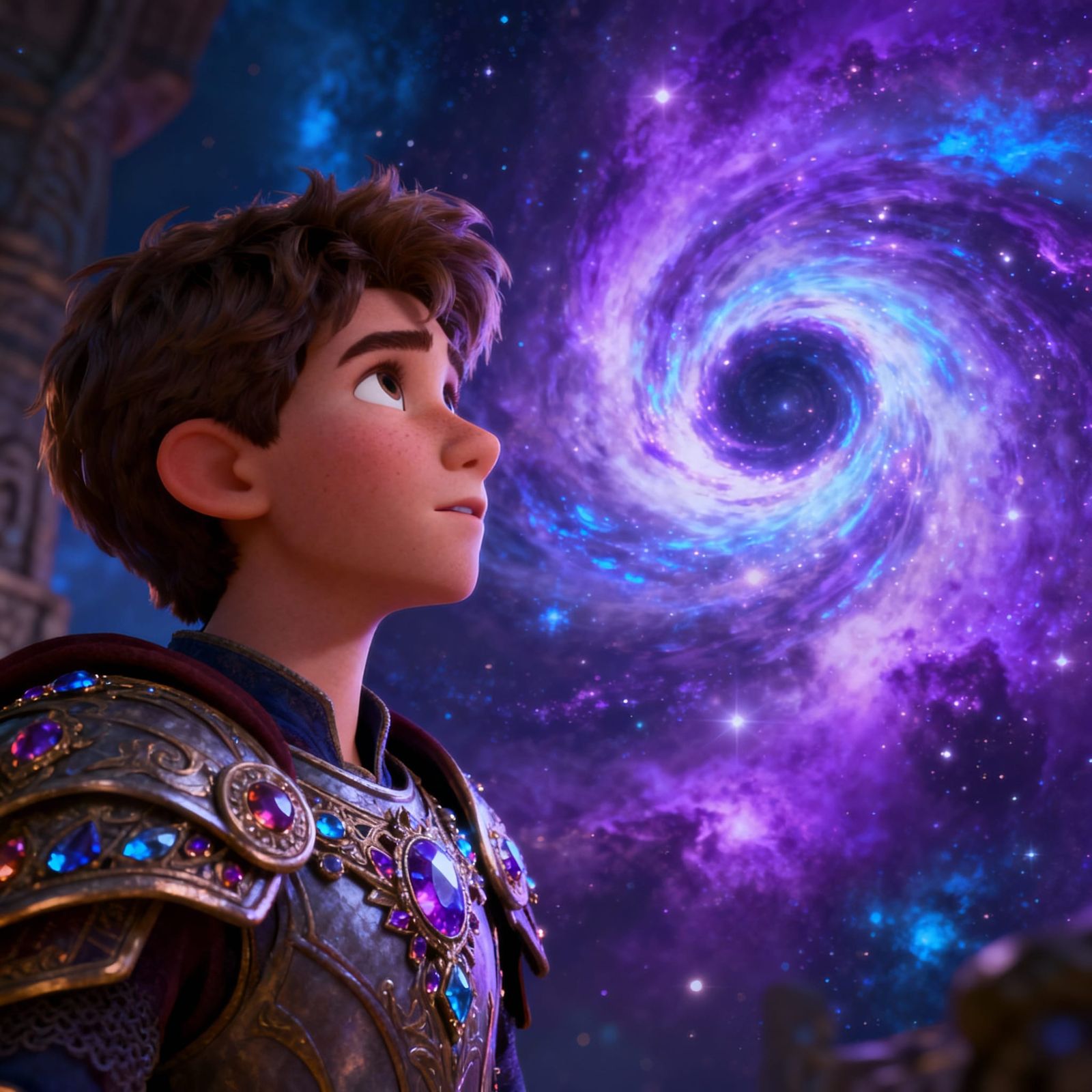 Prince Contemplates Cosmic Vortex in 3D Animation Style