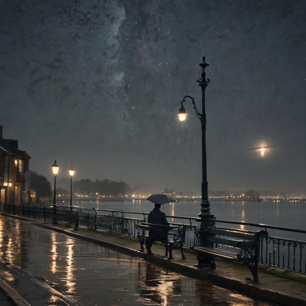 Victorian Solitude: Rainy Night in Neo-Impressionism Style