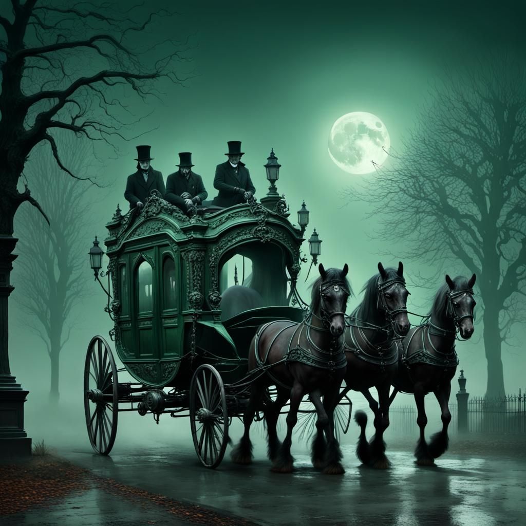 Ornate Funeral Carriage in Victorian Park, Gothic Horror