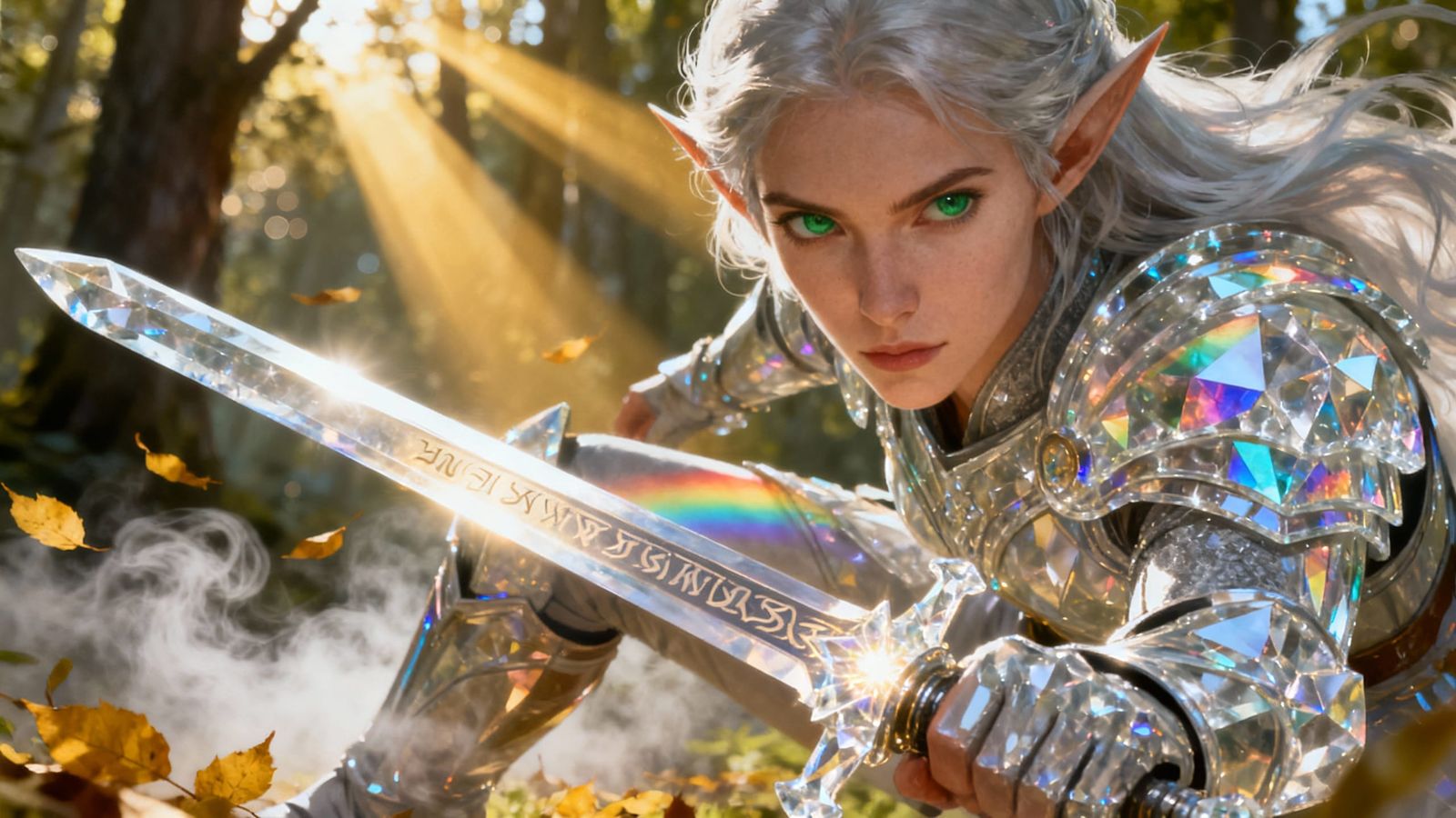 Elven Warrior in Crystal Armor in Sunlit Forest