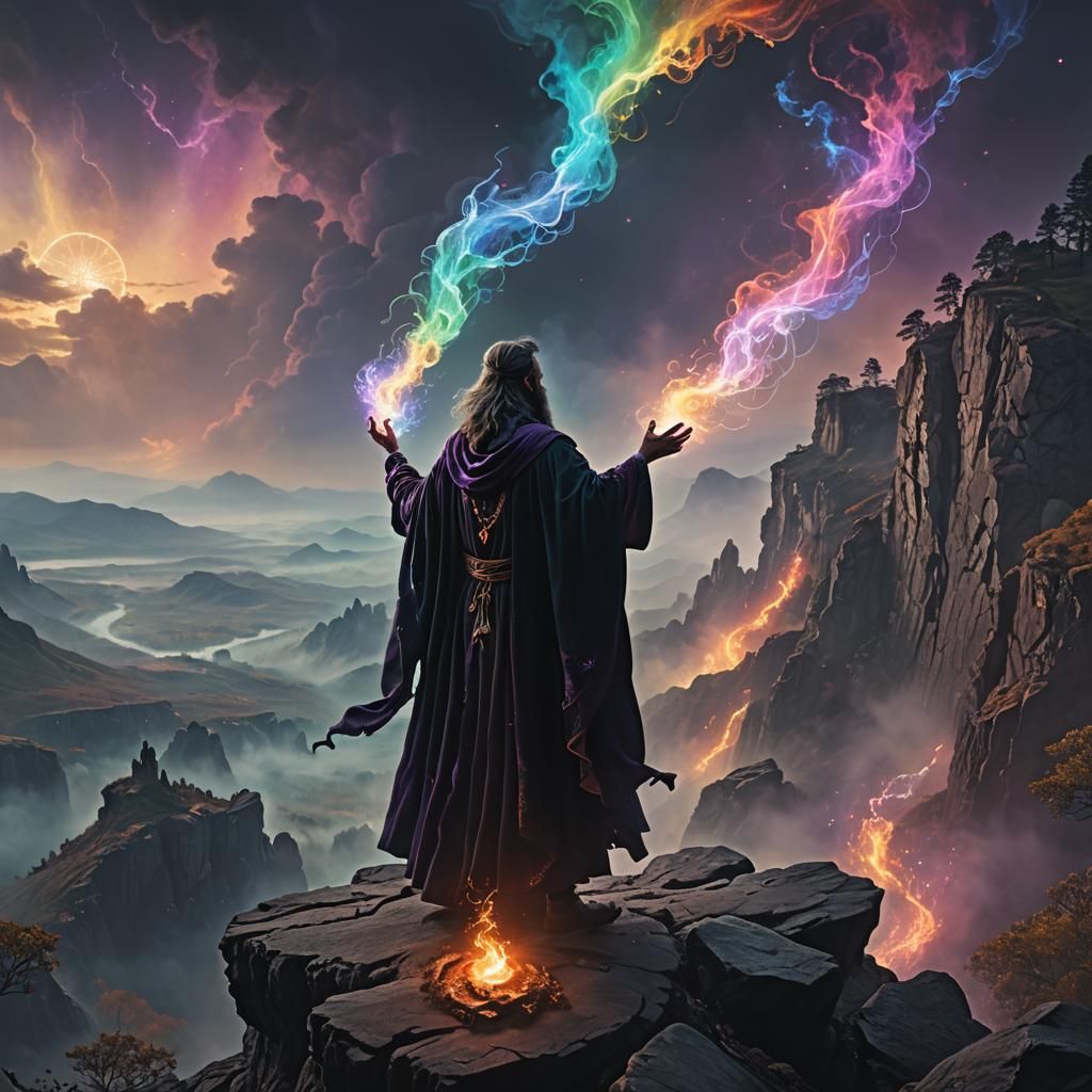 Mystical Wizard Casting Spell in Dark Fantasy Landscape