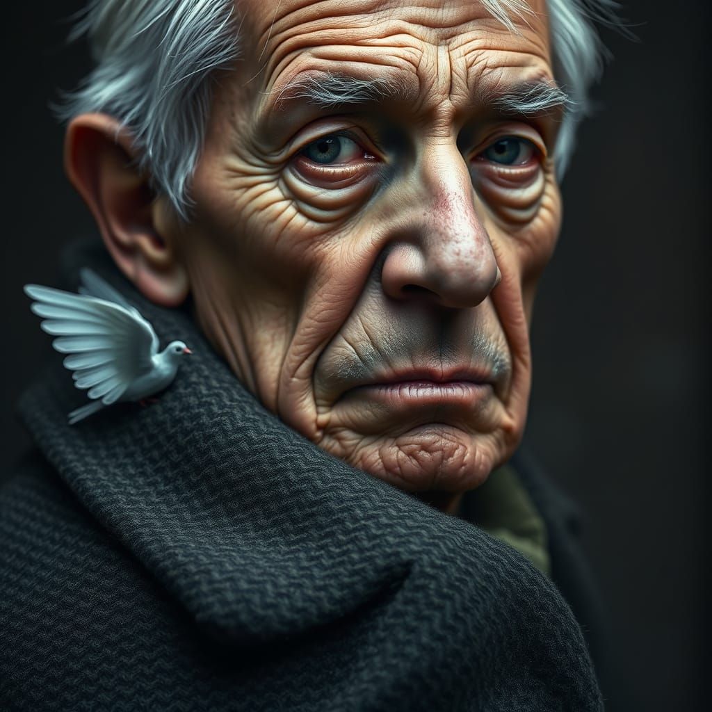 Sorrowful Man with Dove Wings, Rembrandt-esque Portrait
