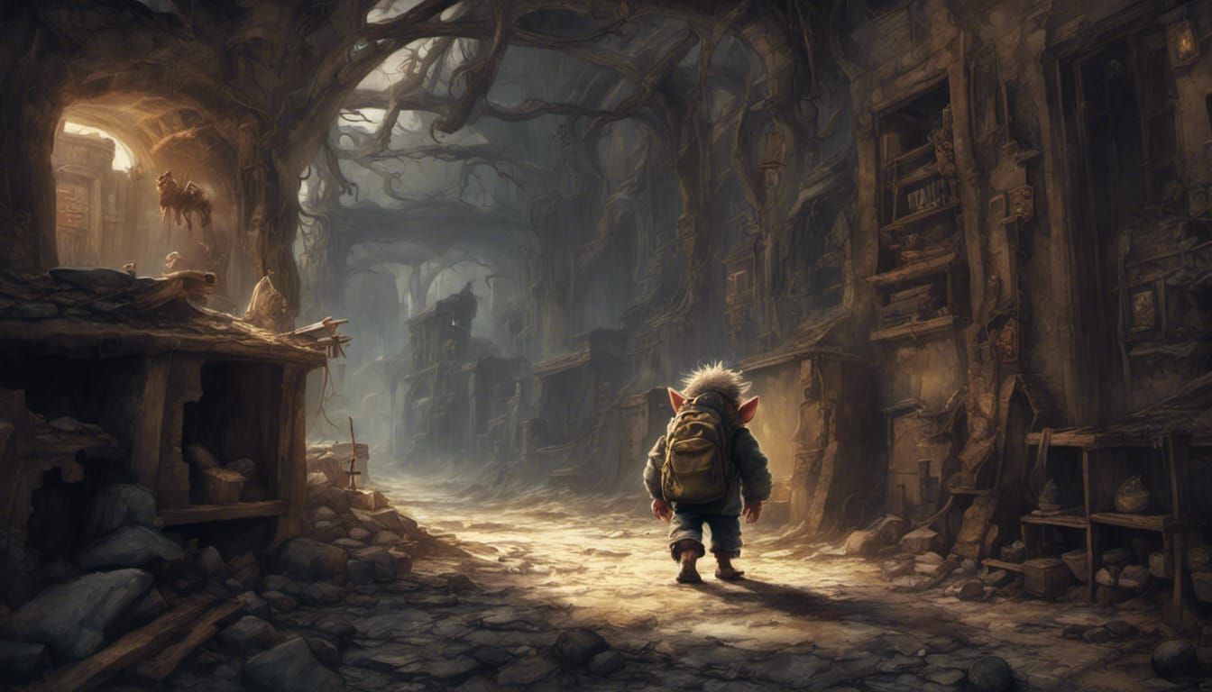 Timid Little Troll with a Tattered Backpack