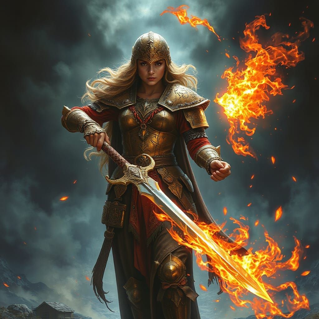 Warrior Princess Wields Sword of Elemental Fire in Stormy Fa...