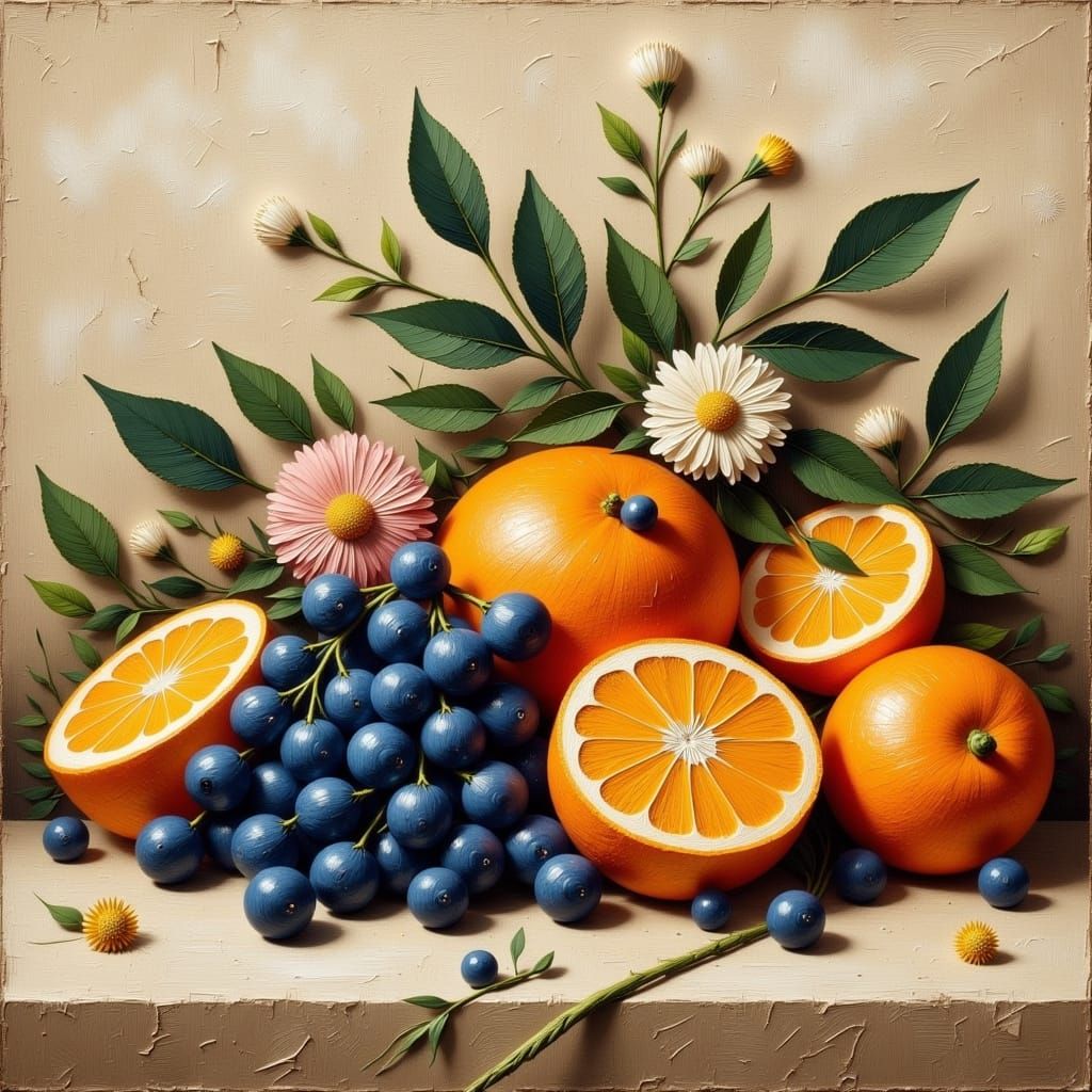 Still Life in Soft Golden Light with Ripe Oranges and Deep B...