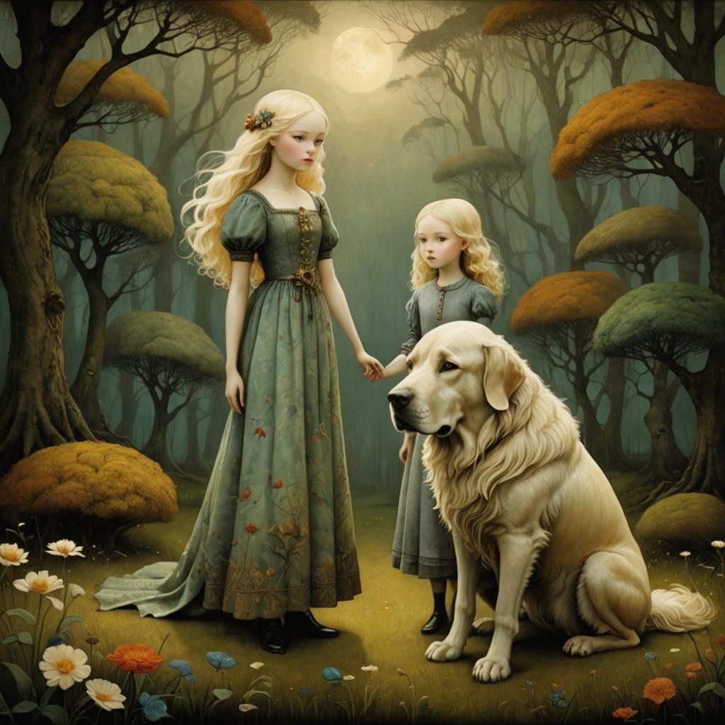 Girl and Giant Dog in Watercolor Illustration