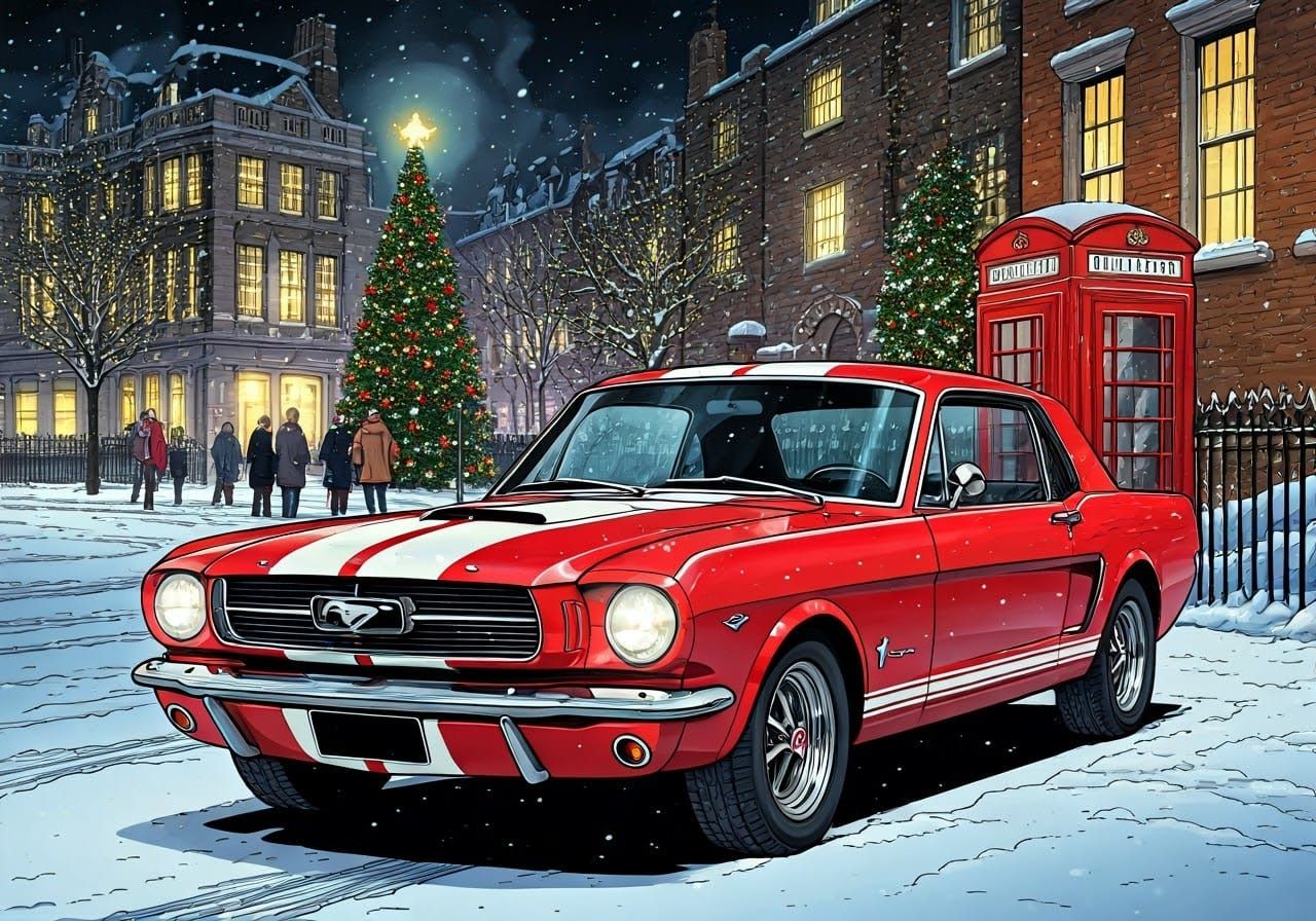 Classic Comic Book Style 1965 Ford Mustang on a Snowy London...