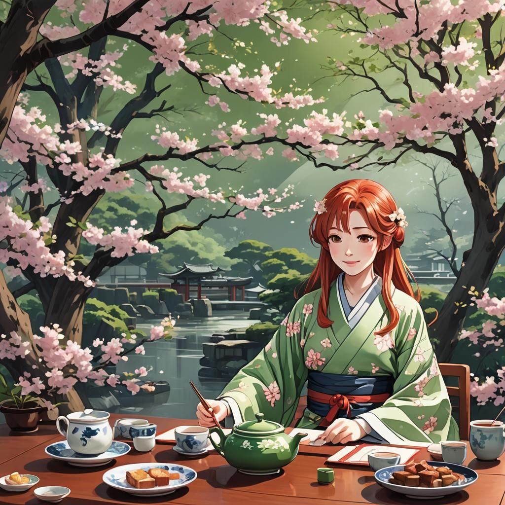Anime Girl Enjoying Tea Under Cherry Blossoms