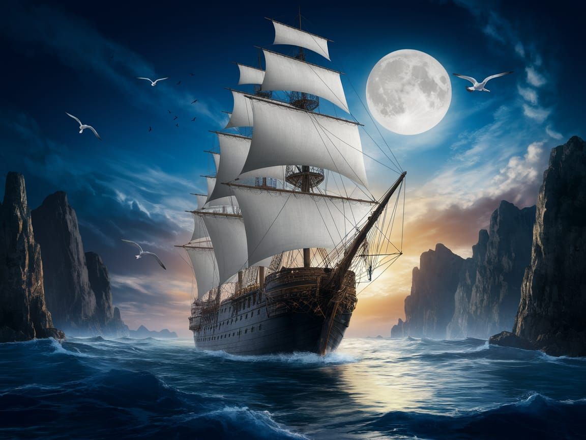 "A grand, antique sailing ship with towering white sails, dr...