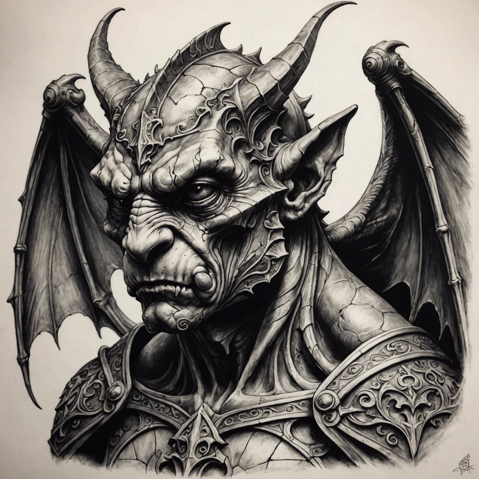 Detailed Charcoal Drawing of Medieval Gargoyle