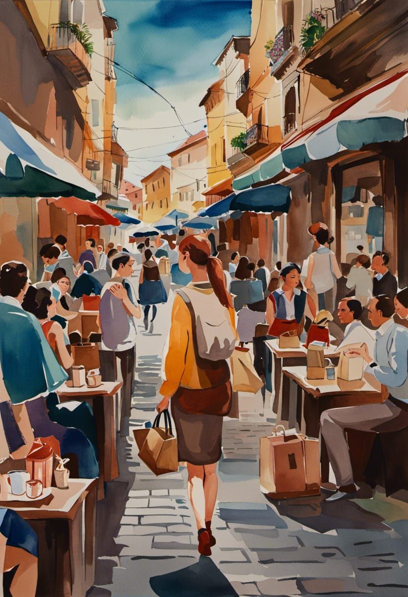 Girl on Shopping Street in Watercolor Style