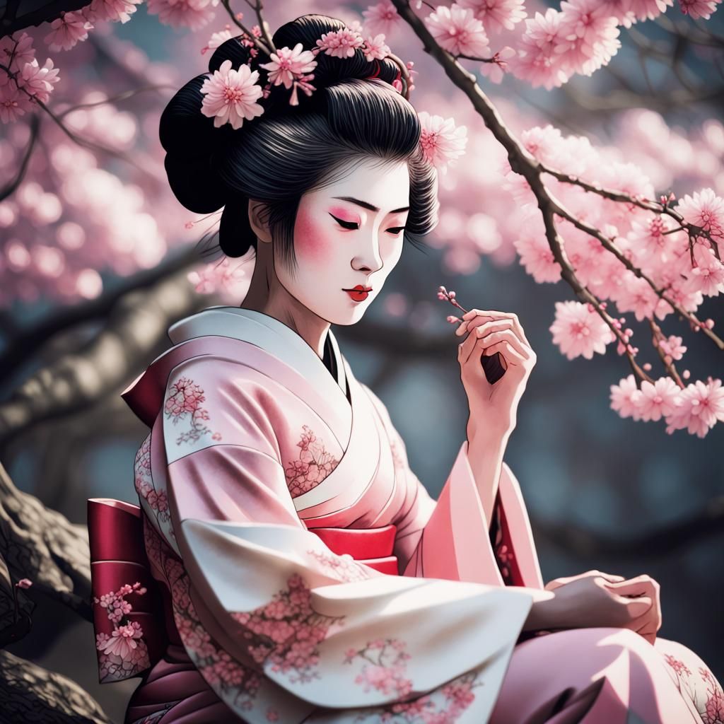 Geisha Under Blossoms: Ukiyo-e Style Woodblock Print