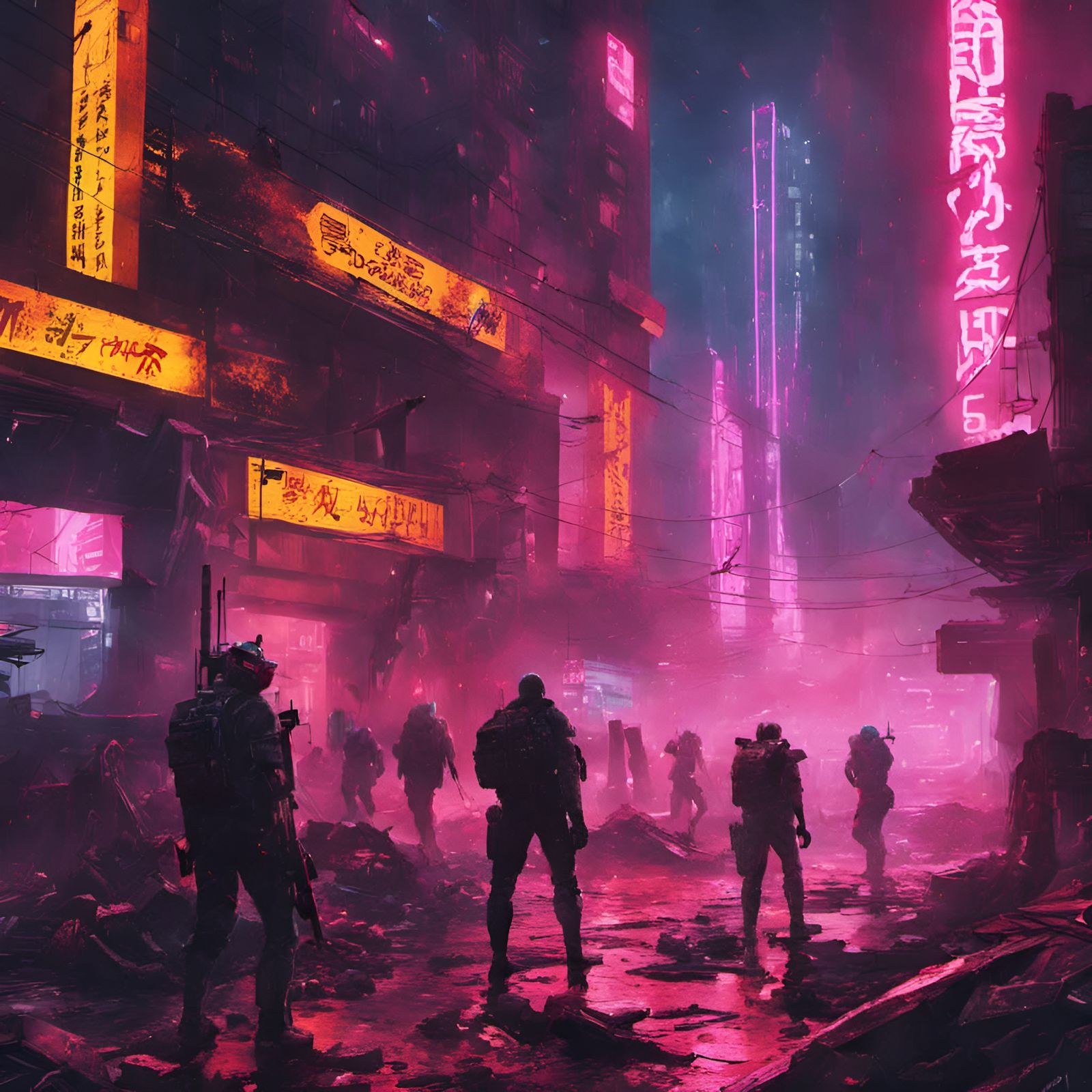 Cyberpunk 2099: Neon War Scenario at Night