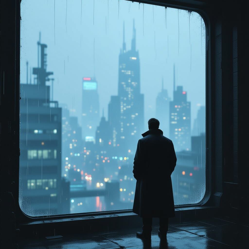 Man Gazes at Blurred Cityscape Through Rain-Streaked Window