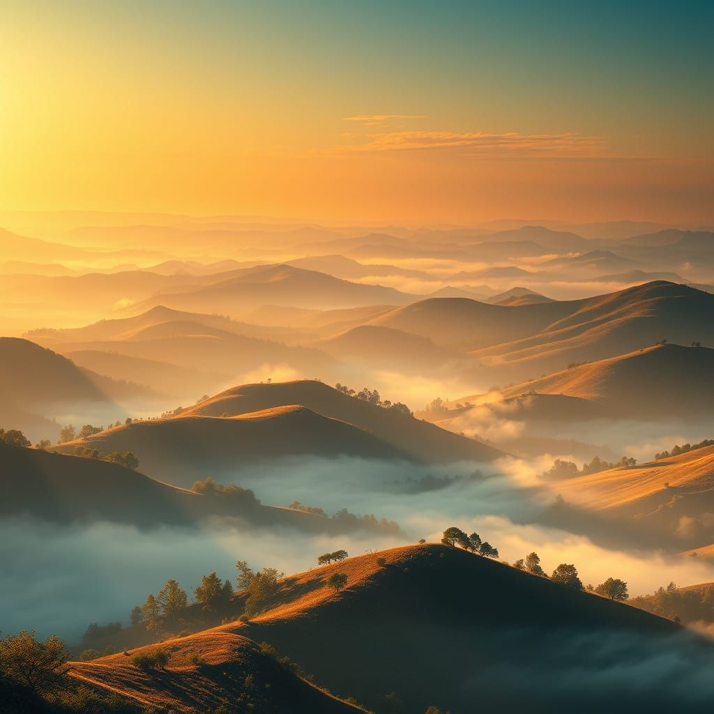 Golden Hour Landscape with Rolling Hills and Misty Valleys