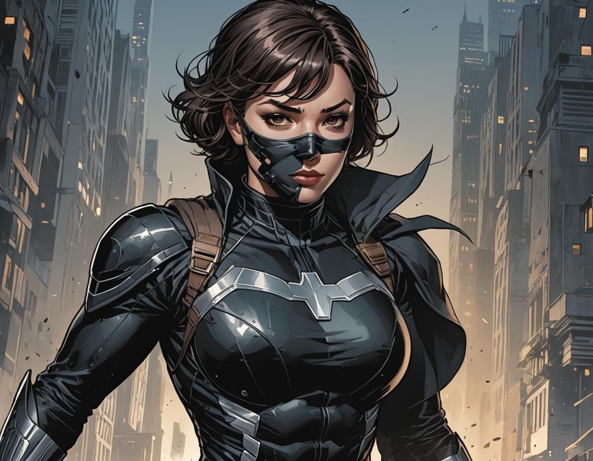 Female Superhero in Black Costume, Comic Book Art