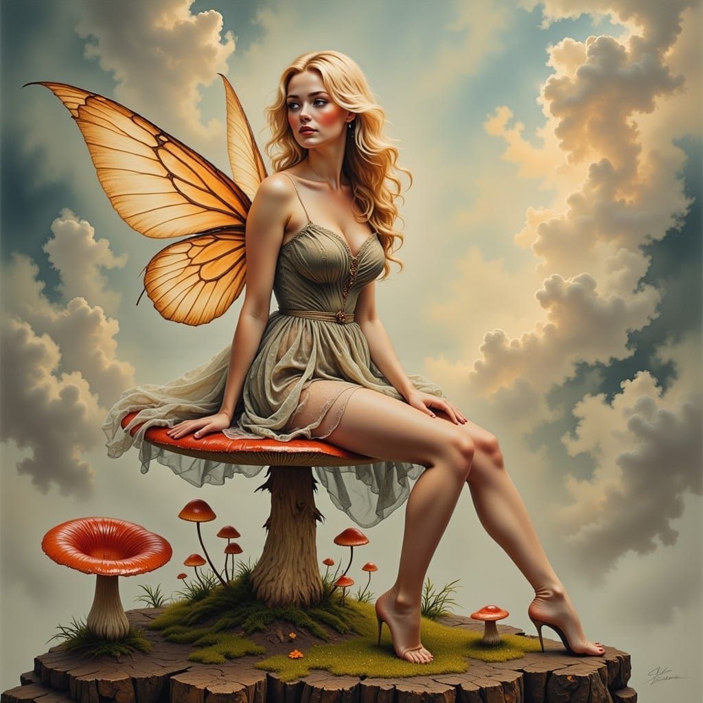 Fairy Woman on Mushroom in Detailed Style