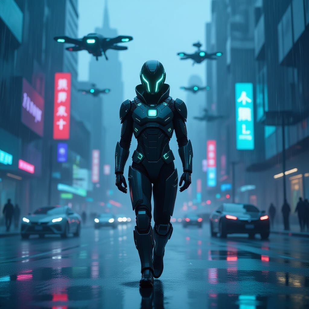 Cyberpunk Cityscape with Neon Lights and Cybernetic Figure