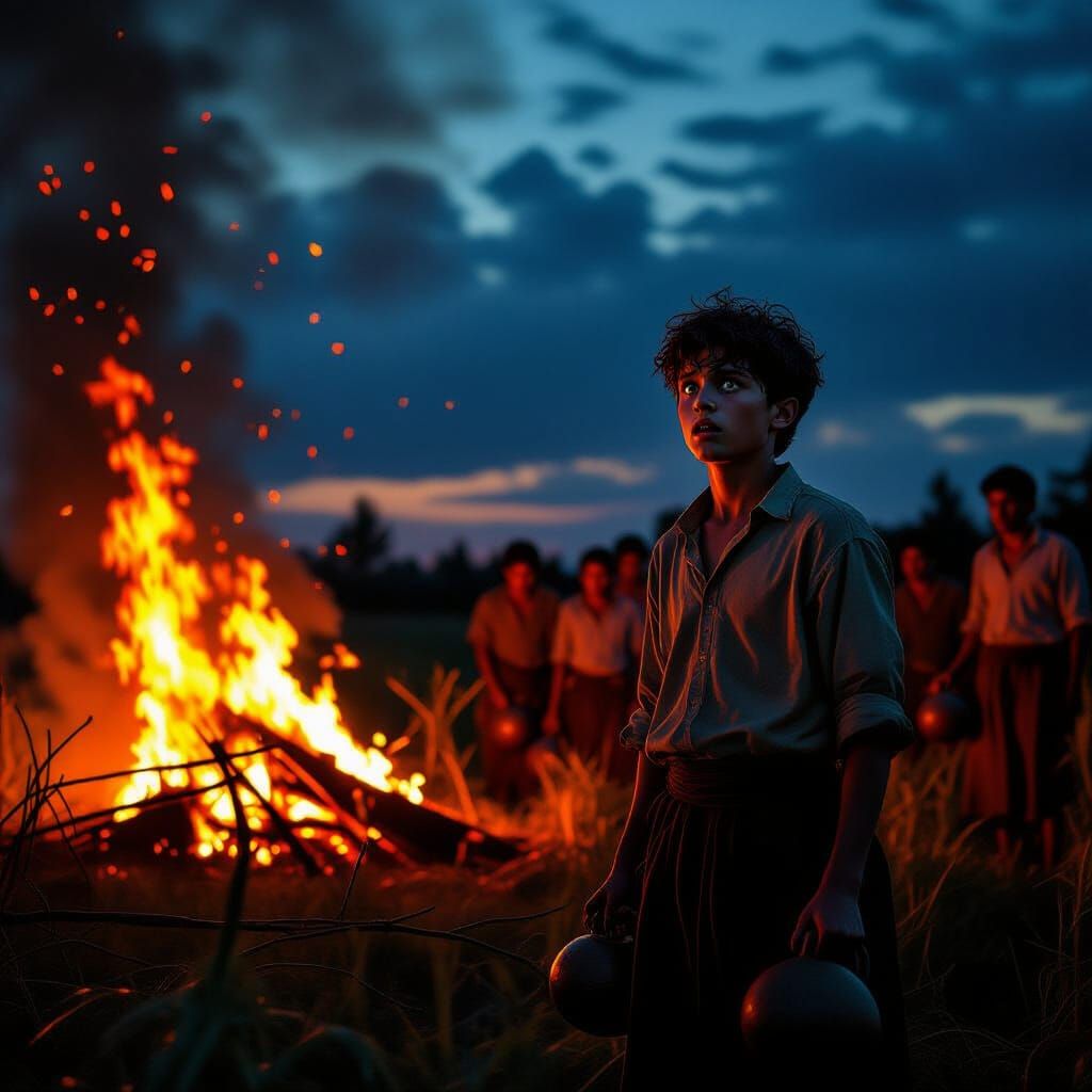 Field Ablaze At Night With Terrified Villagers