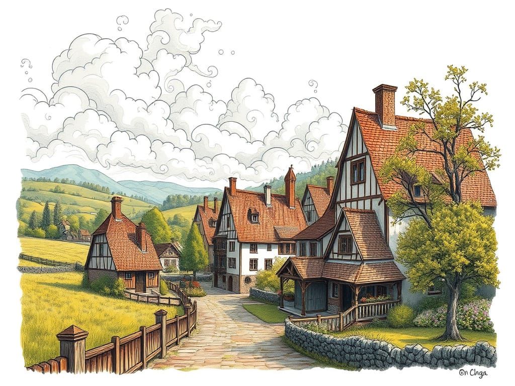 Idyllic Village Scene Inspired by Dutch Golden Age and Rococ...