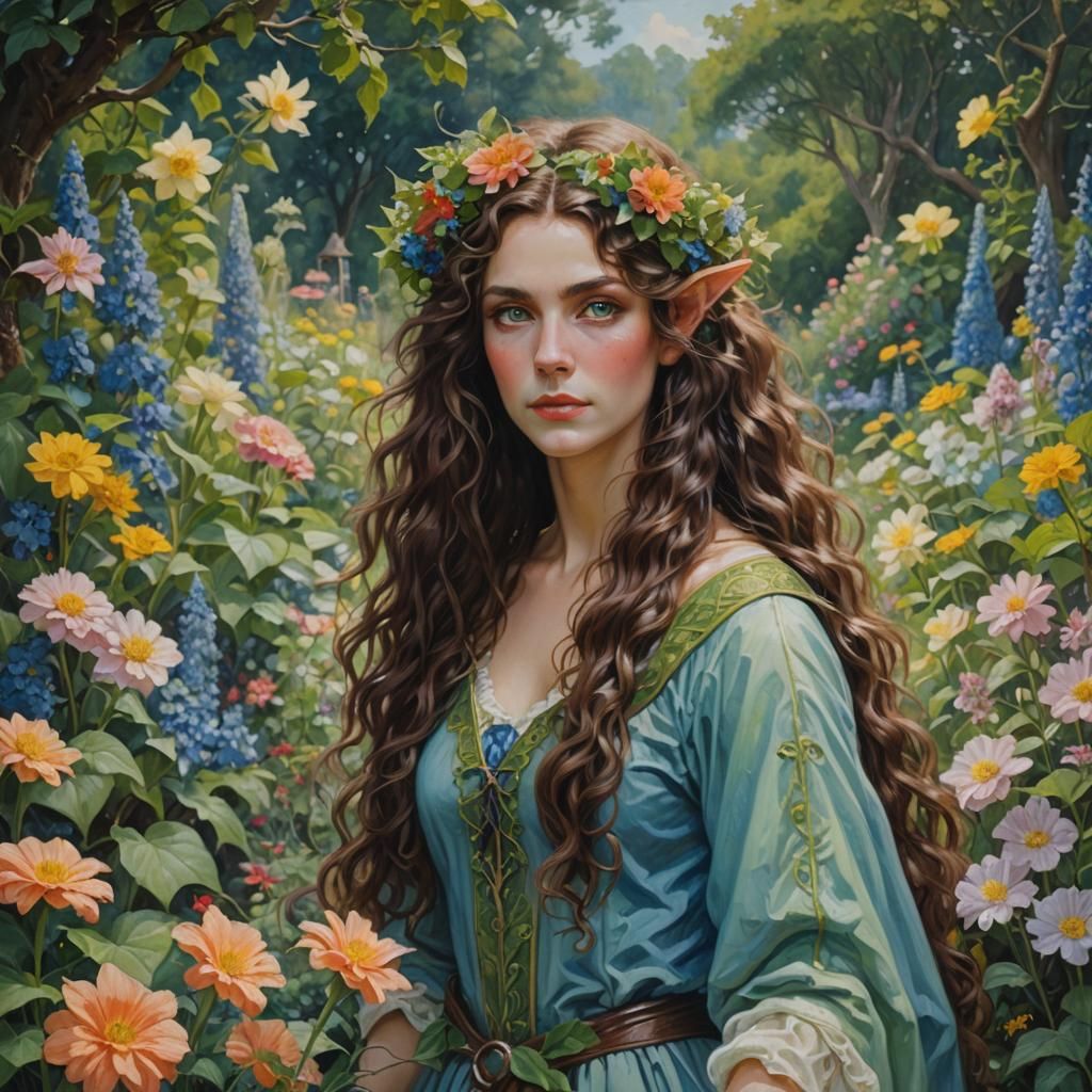 Elf Woman in Flower Garden, Oil Painting