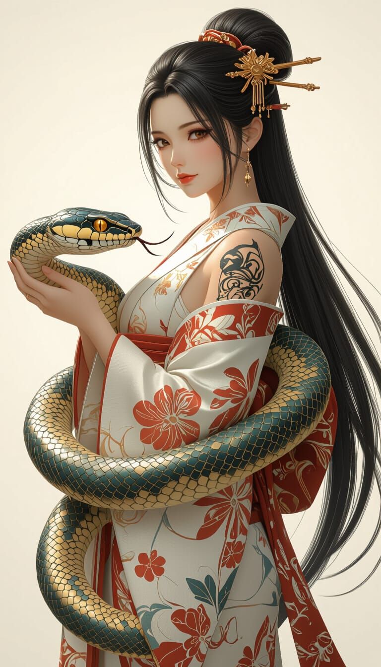 Kimono Woman with Snake: Detailed Anime Art