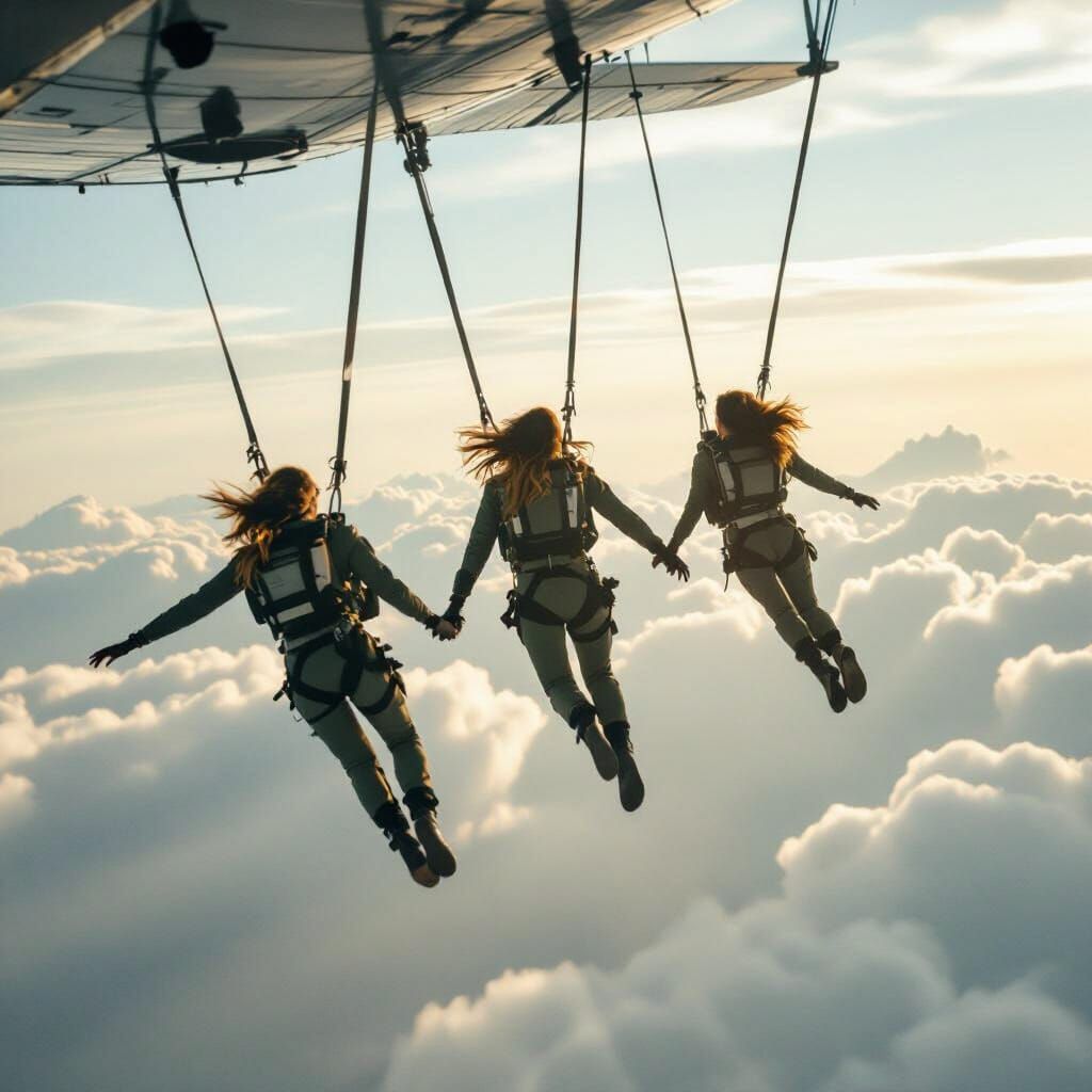 Beautiful Women Free Falling in Cloudy Sky Cinematic Film St...