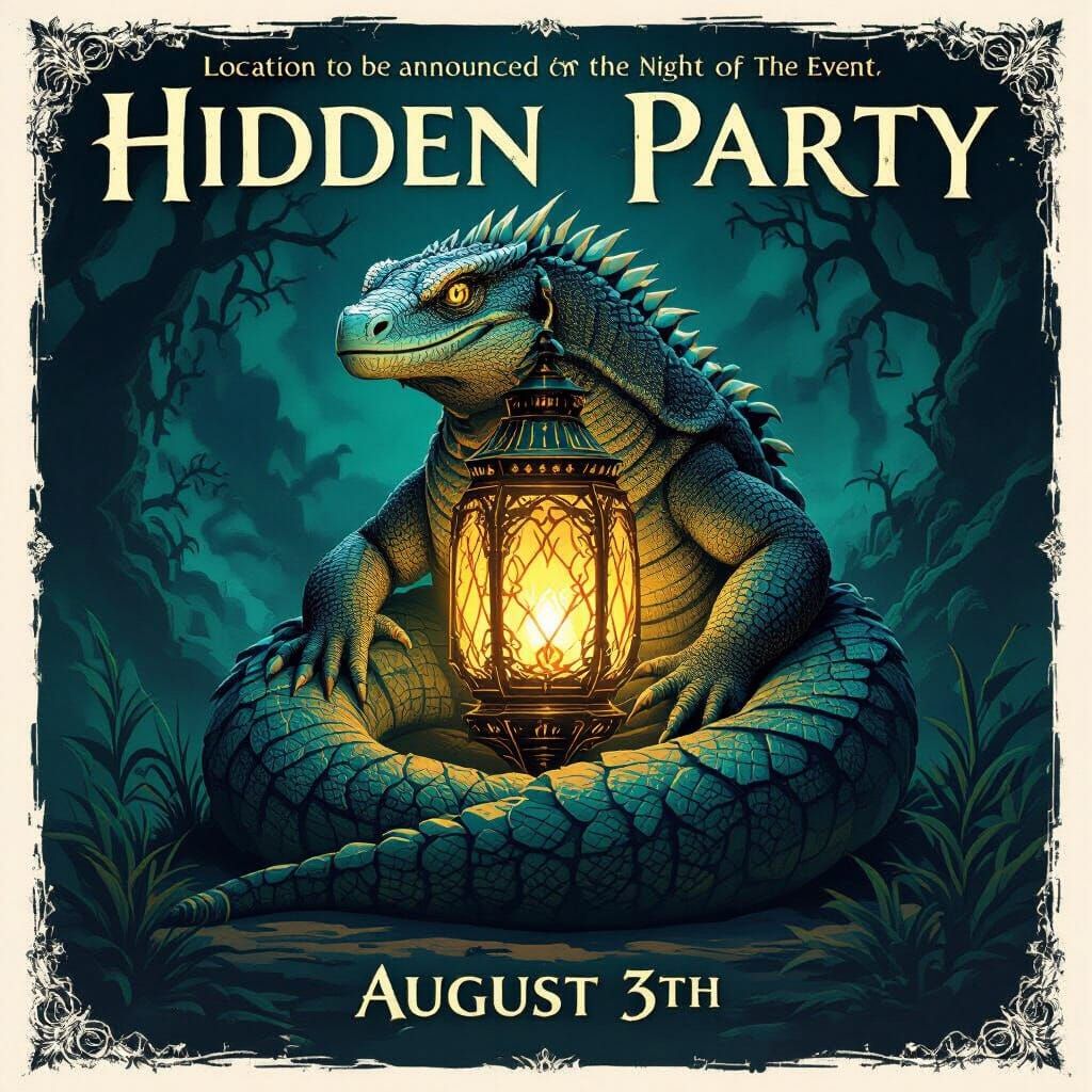 Hidden Party Poster with Komodo Dragon and Lantern