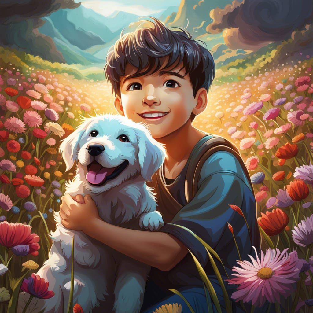 Boy and Puppy in Flower Field: Anime Manga Style
