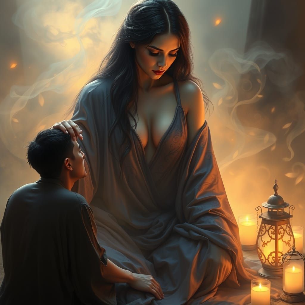 Divine Feminine Goddess Enchants Submissive Figure in Ethere...