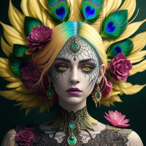 Dragon-Peacock Woman in Surreal Digital Art