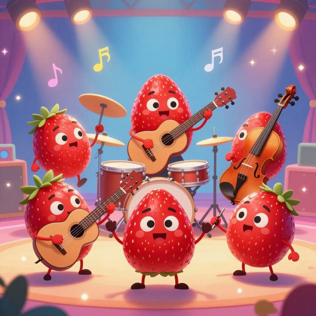 Anthropomorphic Strawberries Play Music in Cartoon Style