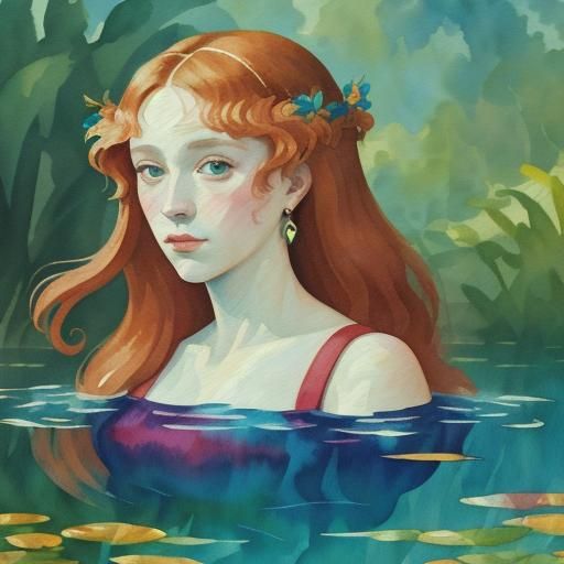 Lady Ophelia Swimming: Gouache Watercolor Impressionism