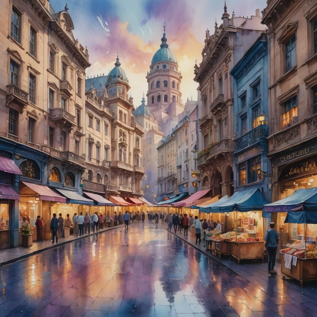 Vibrant City Street in Pastel Watercolour