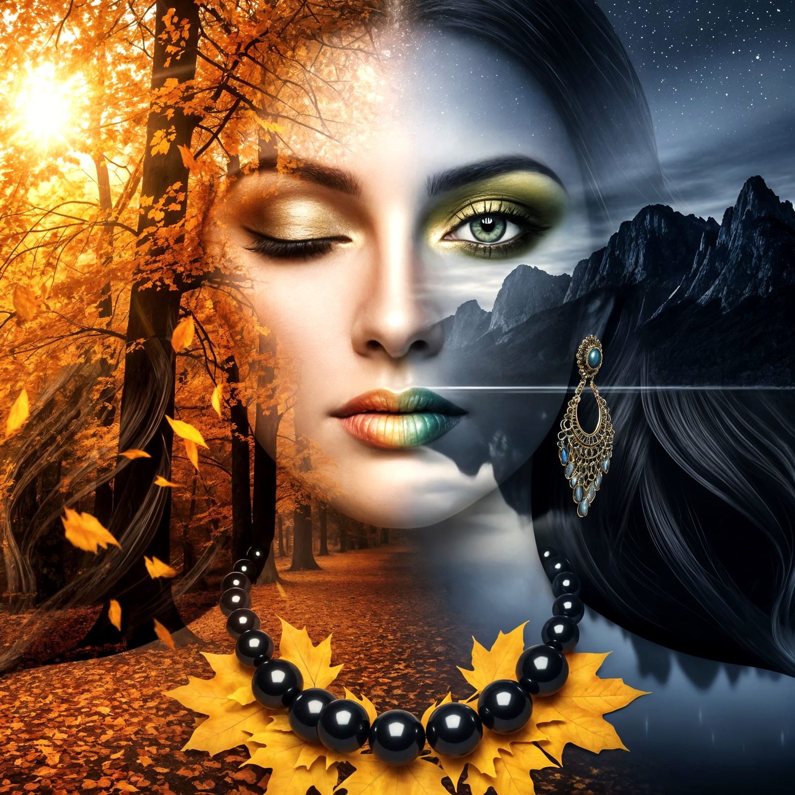Duality: Woman's Face in Autumn and Night