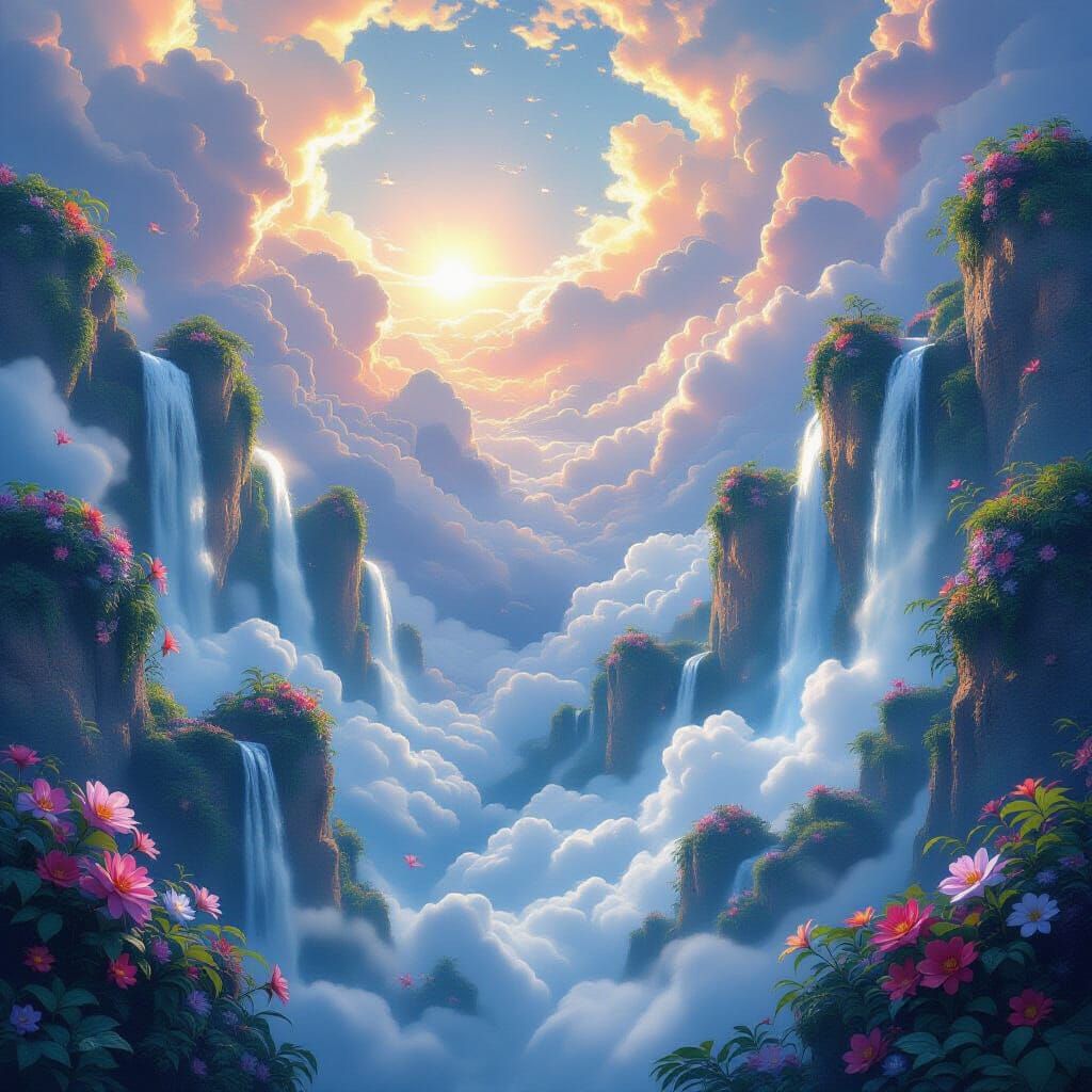 Celestial Garden in Clouds with Rainbow Waterfalls