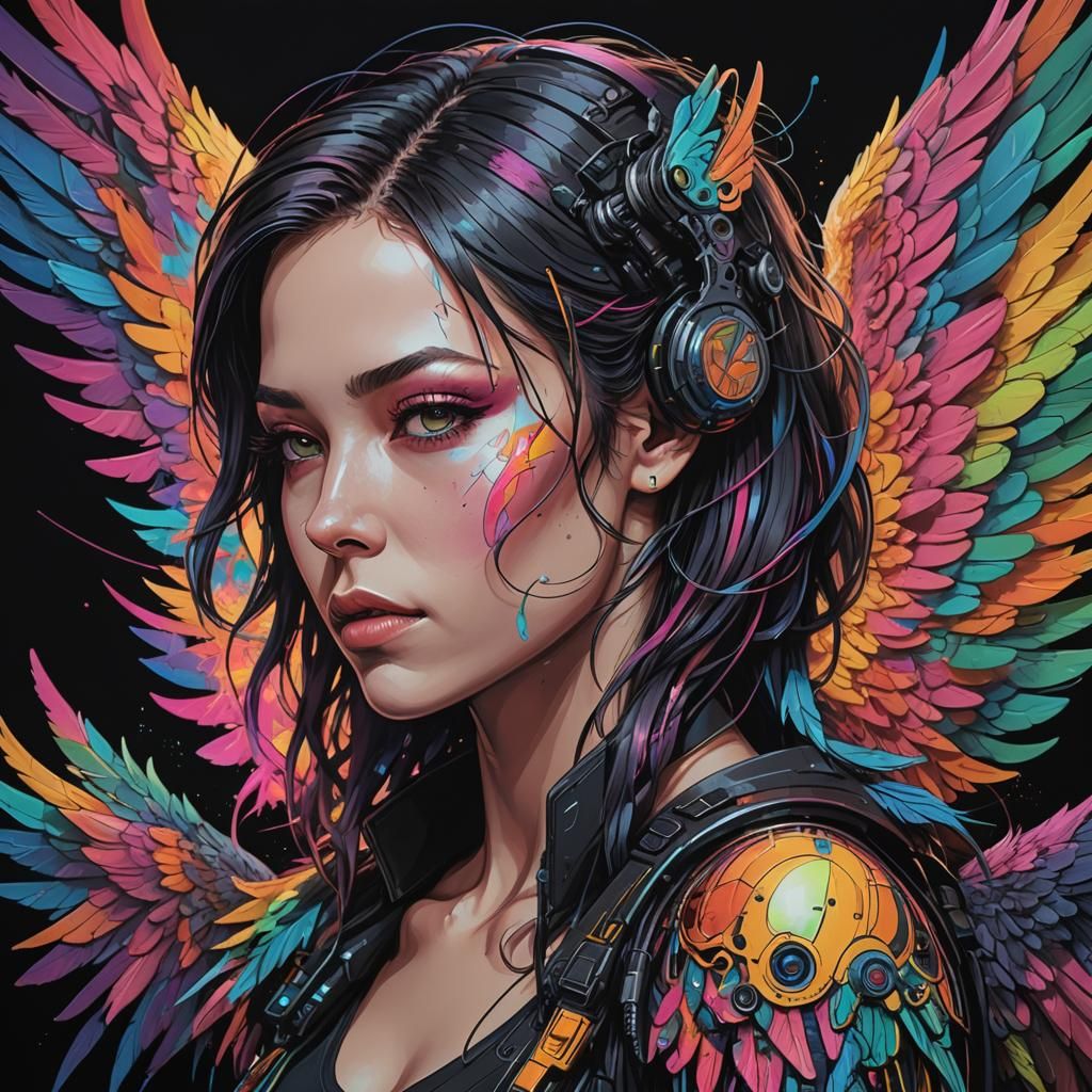 A colorfull  line art of a woman with colorful wings, cyberpunk art by Jan Tengnagel, detailed painting, fantasy, black ...