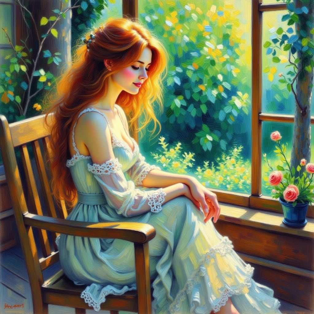 Woman in Rocking Chair, Forest View, Watercolor Style