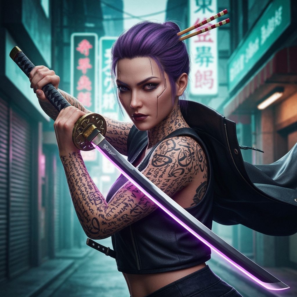 Cyberpunk Rebel with Katana in Tokyo Alley