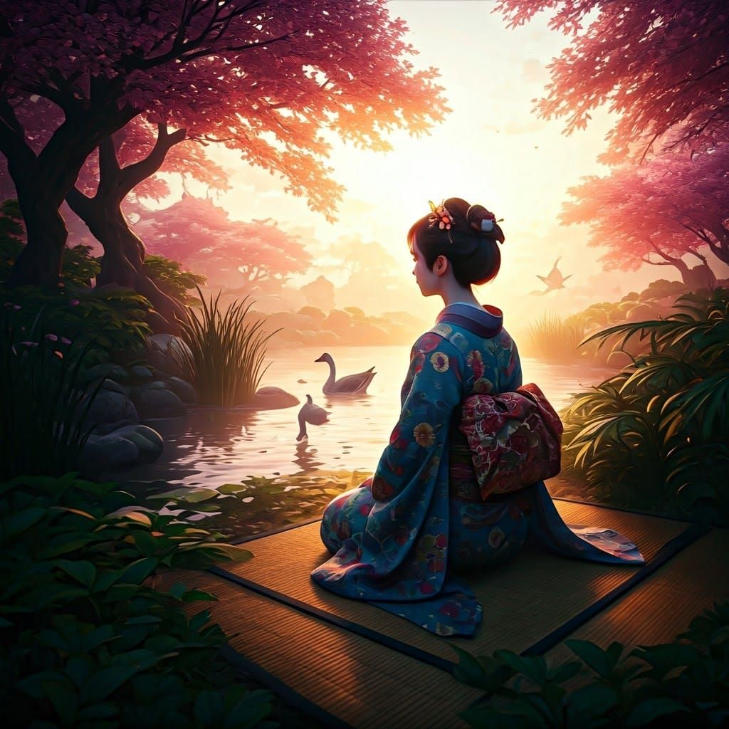 Japanese Poet in Garden, Ukiyo-e Style