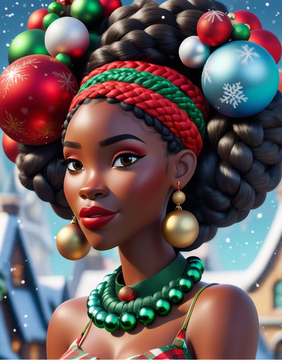 Disney Pixar style 3D beautiful black Woman, braided hair, Christmas colored headband, wearing Christmas ornaments earri...