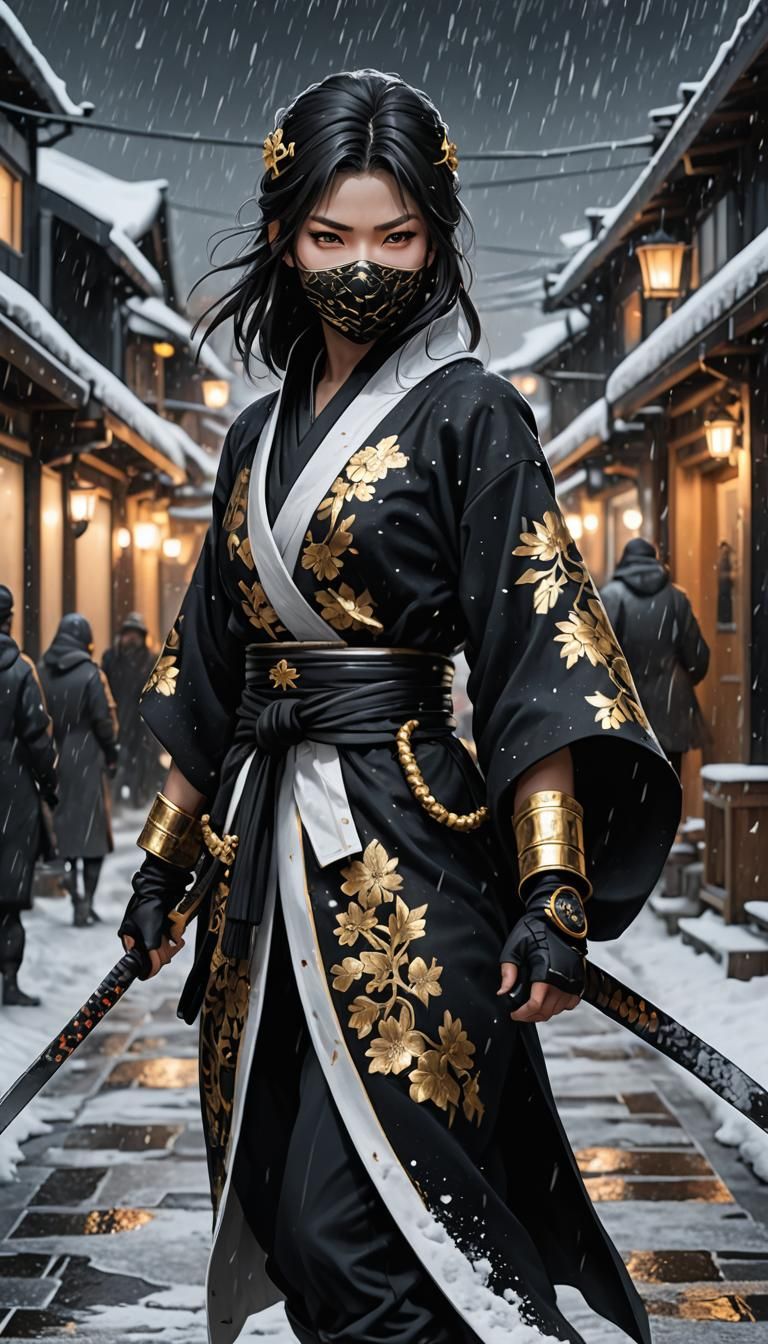 Mysterious Ninja in Snowy Iceland, Detailed Digital Art